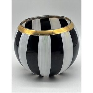 VTG MacKenzie childs round vase hand painted stripe black white 6x4.75